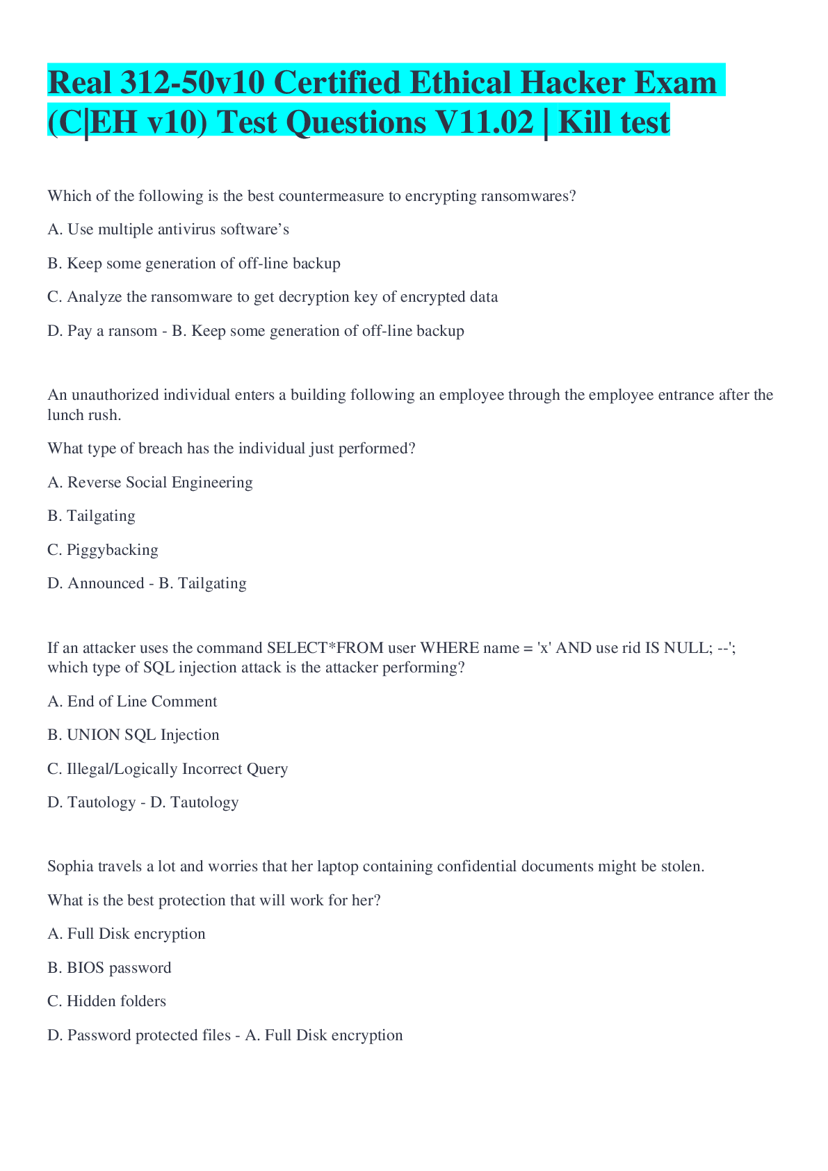 Preview image for Real 312-50v10 Certified Ethical Hacker Exam (C|EH v10) Test Questions V11.02 | Killtest